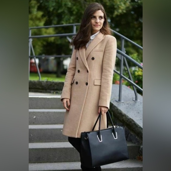 RARE Zara Tan Camel Wool Blend Double Breasted Tailored Fit Winter Trench Coat - Picture 5 of 16